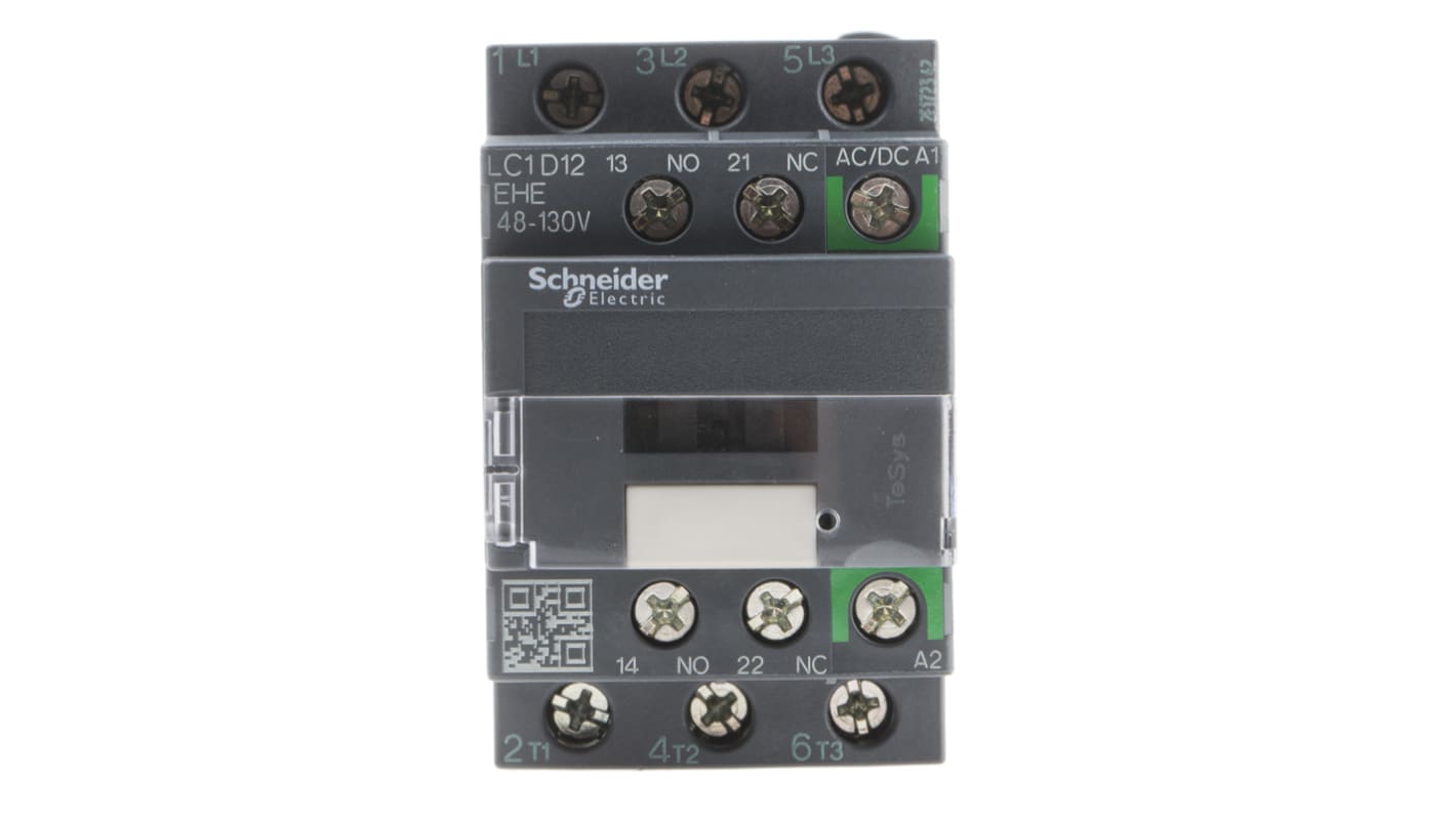 Contattore Schneider Electric LC1D12EHE, 3 poli, 12 A, montaggio su guida DIN, dimensioni 86x45x77 mm, IP20.