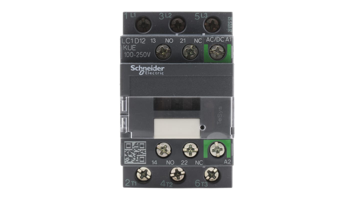 Contattore Schneider Electric LC1D12KUE, 3 poli, 12 A, montaggio su guida DIN, dimensioni 86x45x77 mm, bobina 230 V.