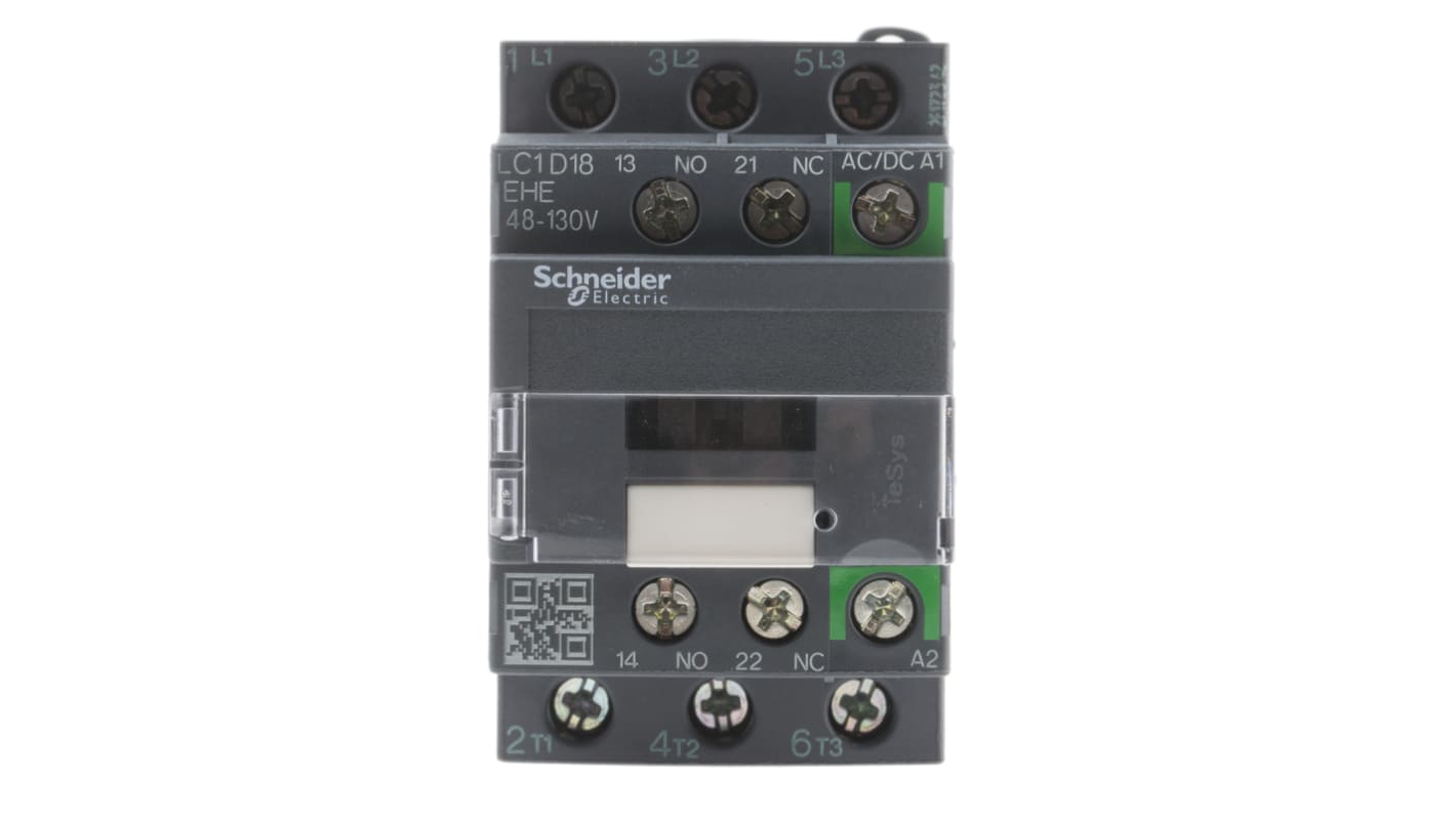 Contattore Schneider Electric LC1D18EHE, 3 poli, 18 A, montaggio su guida DIN, dimensioni 45x86x77 mm, IP20, 110 V c.a./c.c.