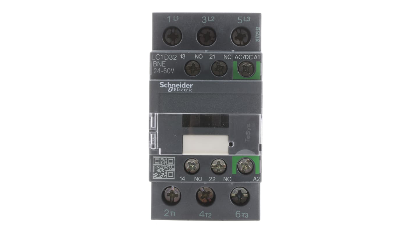 Contattore Schneider Electric LC1D32BNE, 3 poli, 3 NO, 32 A, montaggio su guida DIN, dimensioni 92x45x85 mm, bobina 24 V.