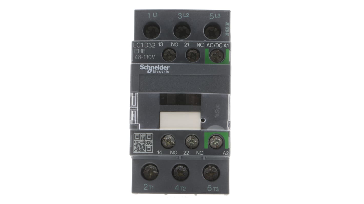 Contattore Schneider Electric LC1D32EHE, 3 poli, 32 A, montaggio su guida DIN, dimensioni 92x45x85 mm, bobina 110 V.