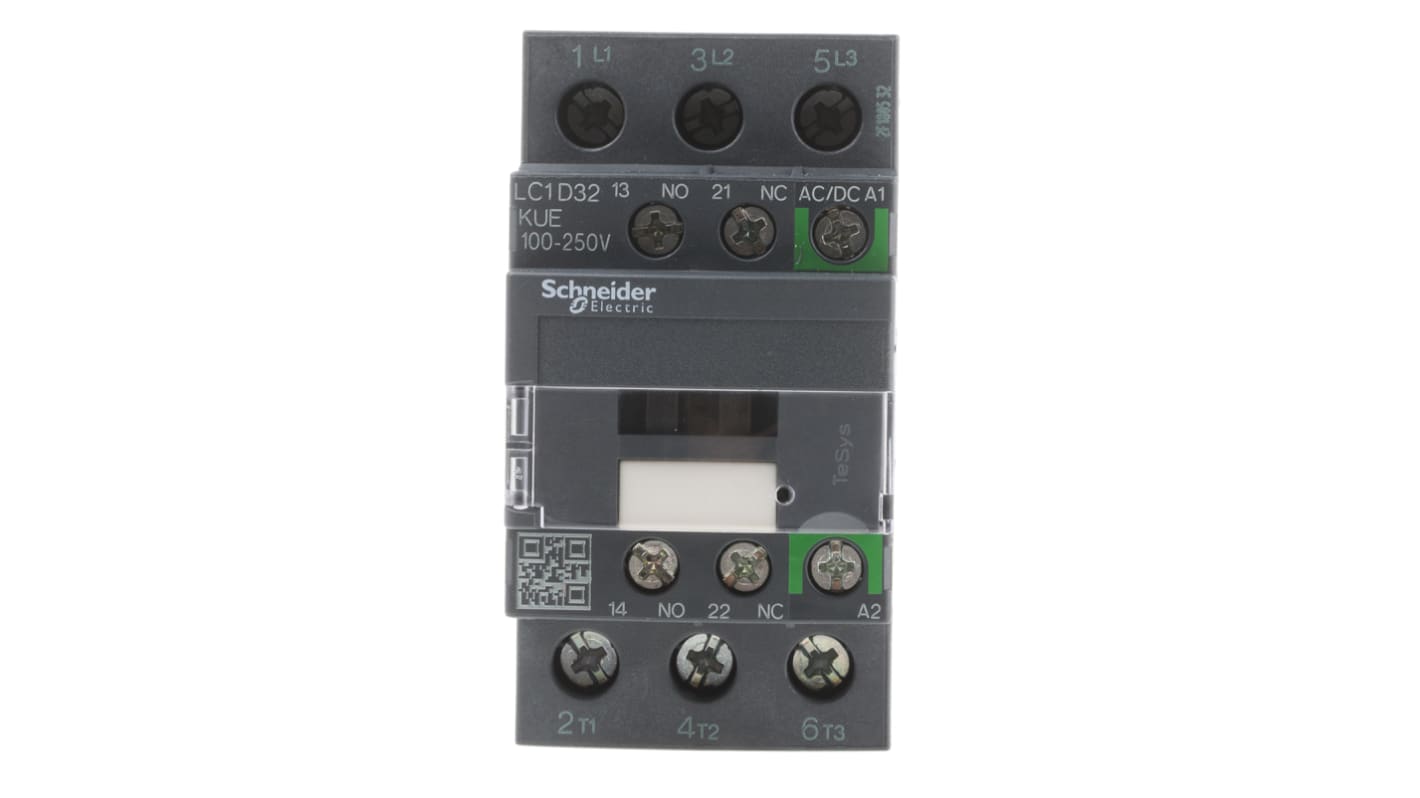 Contattore Schneider Electric LC1D32KUE, 3 poli, 3 NO, 32 A, montaggio su guida DIN, dimensioni 45x92x85 mm.