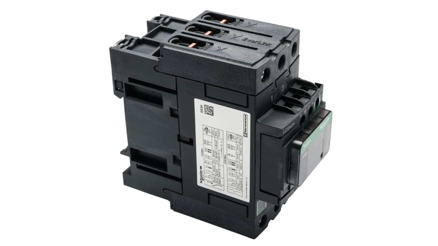 Contattore Schneider Electric LC1D40ABNE, 3 poli, 3 NO, 40 A, montaggio su guida DIN, dimensioni 55x120x122 mm.