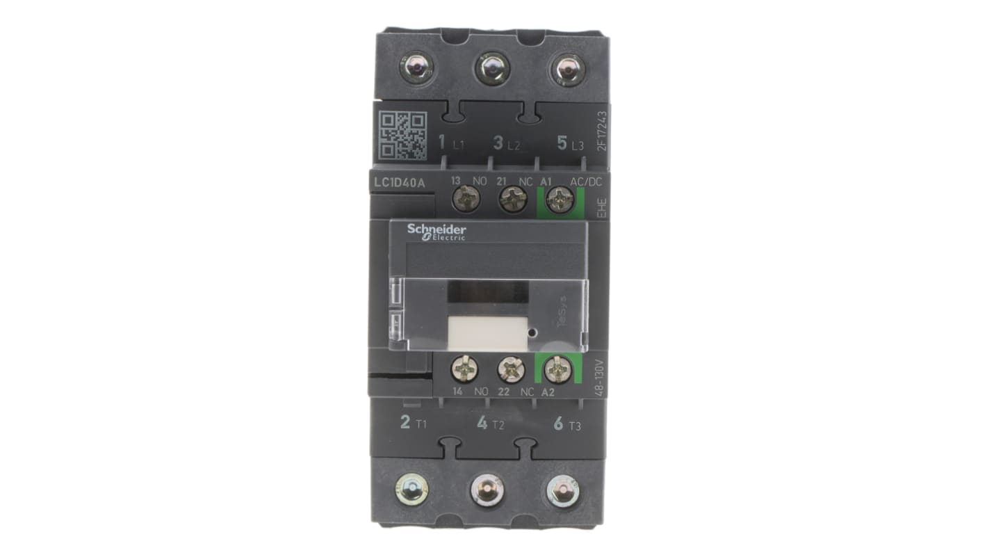 Contattore Schneider Electric LC1D40AEHE, 3 poli, 3 NO, 40 A, montaggio su guida DIN, dimensioni 55x120x122 mm.