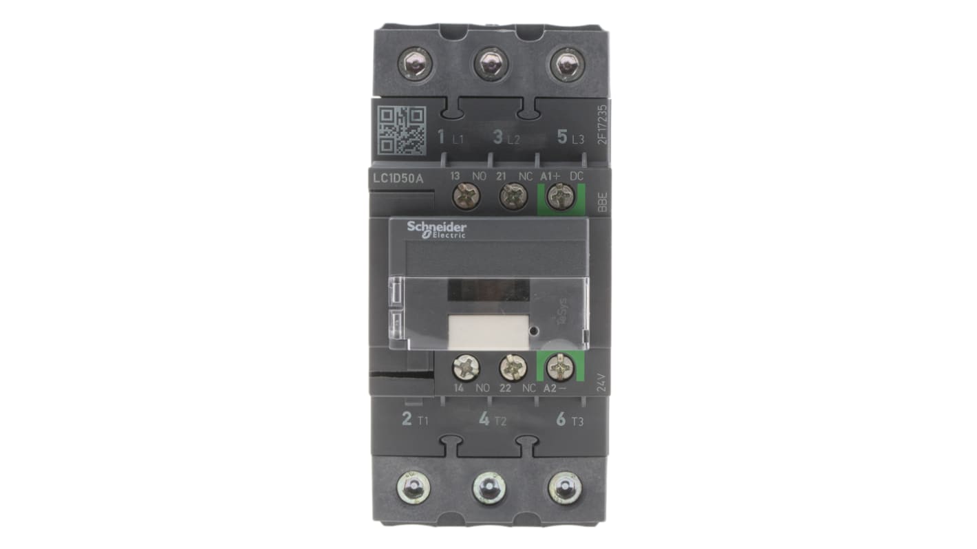 Contattore Schneider Electric LC1D50ABBE 3P 3NO 50A 22kW 24V CC per controllo motori e carichi resistivi. Alta affidabilità e durata meccanica.