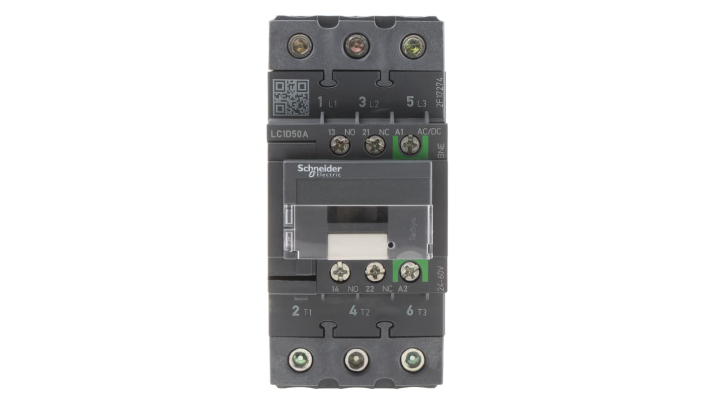 Contattore Schneider Electric LC1D50ABNE, 3 poli, 50 A, 24 V, montaggio su guida DIN, dimensioni 55x120x122 mm, IP20.
