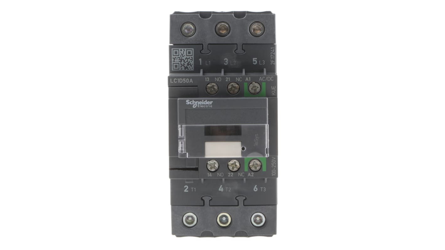 Contattore Schneider Electric LC1D50AKUE, 3 poli, 50 A, montaggio su guida DIN, dimensioni 120x55x122 mm, grado di protezione IP20.