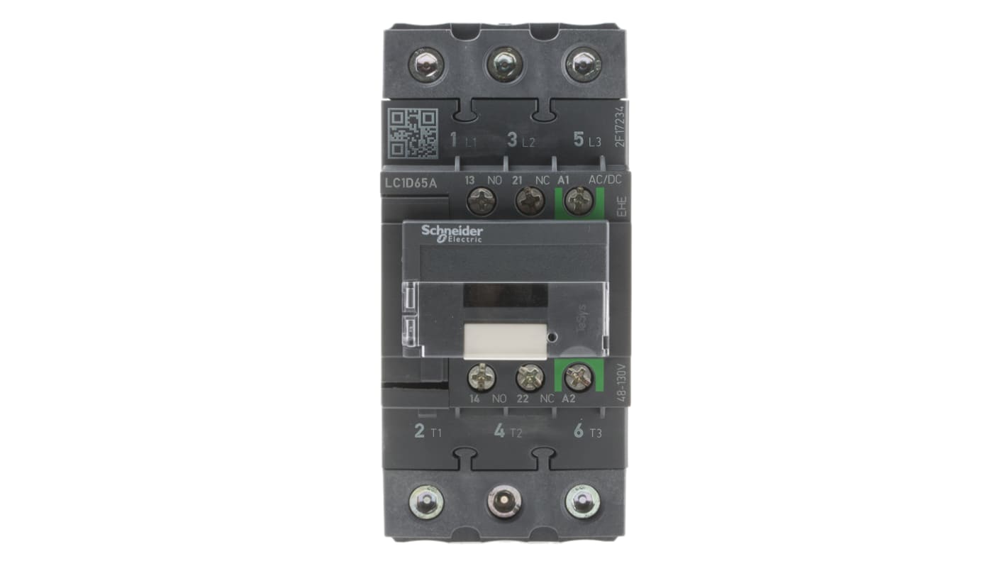 Contattore Schneider Electric LC1D65AEHE, 3 poli, 3 NO, 65 A, montaggio su guida DIN, dimensioni 55x120x122 mm, IP20.