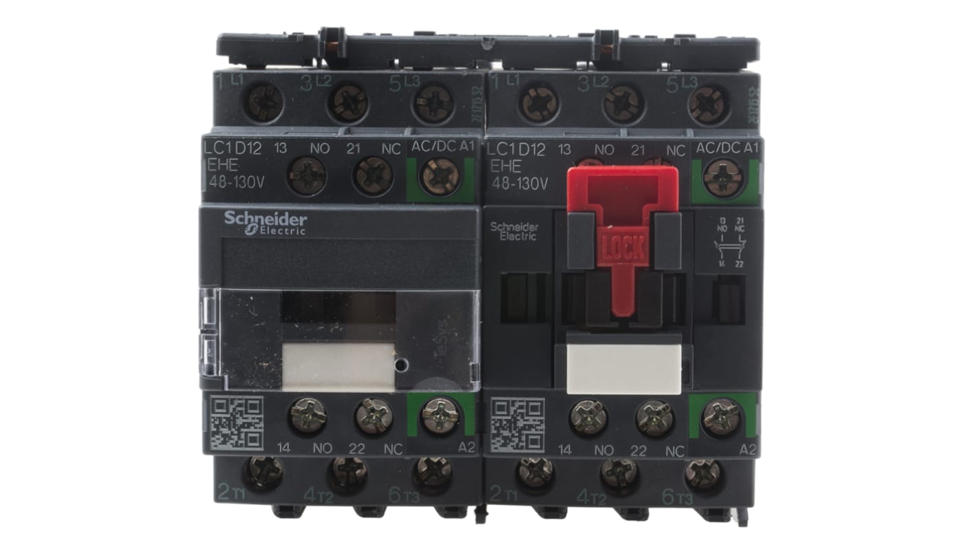 Contattore reversibile Schneider Electric LC2D12EHE, 3 poli, 12 A, montaggio su guida DIN, dimensioni 86x90x77 mm.