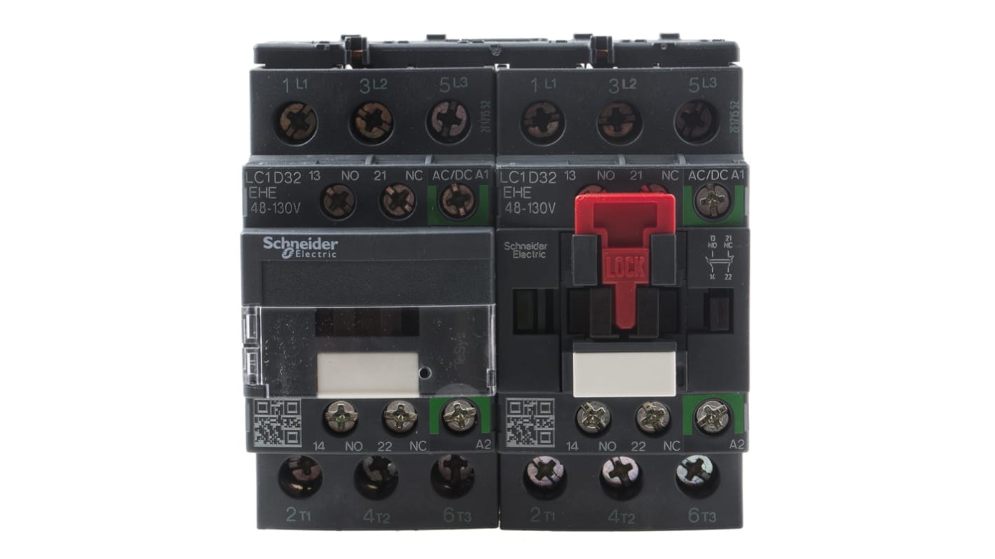 Contattore reversibile Schneider Electric LC2D32EHE, 3 poli, 32 A, montaggio su guida DIN, dimensioni 92x90x85 mm.