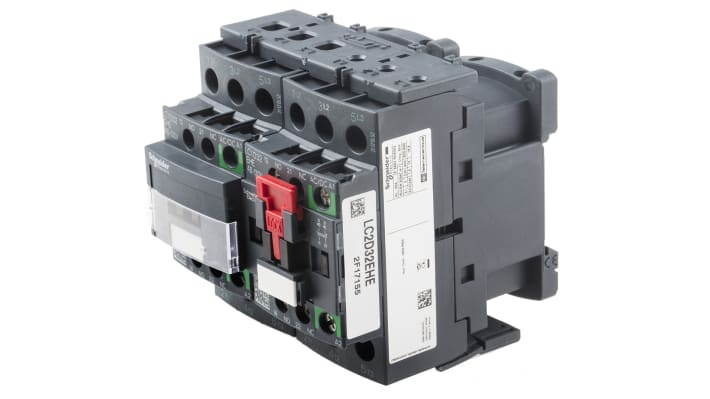 Contattore reversibile Schneider Electric LC2D32EHE, 3 poli, 32 A, montaggio su guida DIN, dimensioni 92x90x85 mm.