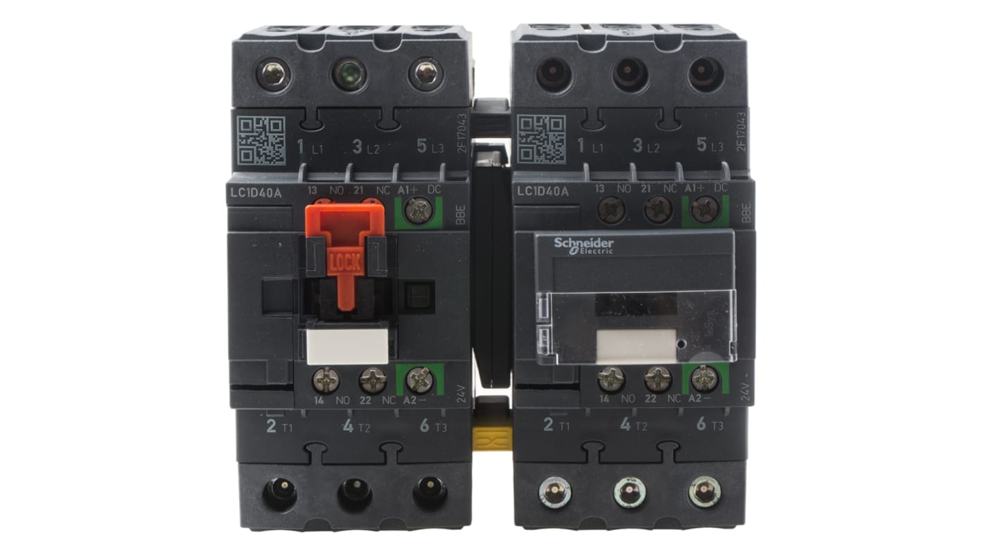 Contattore reversibile Schneider Electric LC2D40ABBE, 3 poli, 40 A, montaggio su guida DIN, grado di protezione IP20.