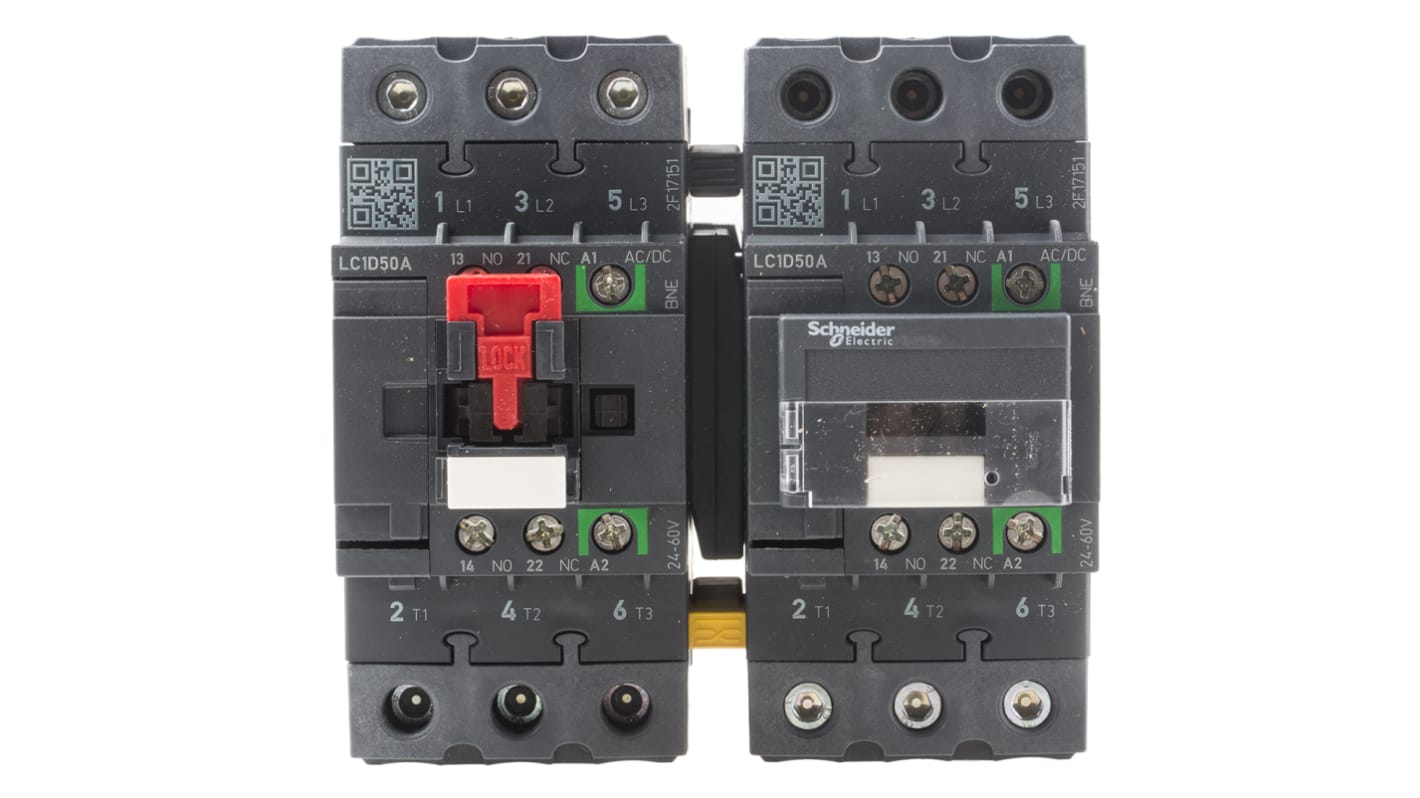 Contattore di inversione Schneider Electric LC2D40ABNE, 3 poli, 40 A, montaggio su guida DIN, grado di protezione IP20.