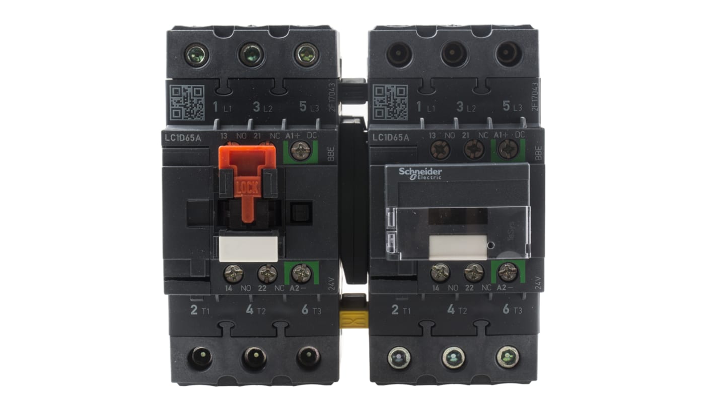 Teleinvertore reversibile Schneider Electric LC2D65ABBE, 3 poli, 65 A, montaggio su guida DIN, grado di protezione IP20.