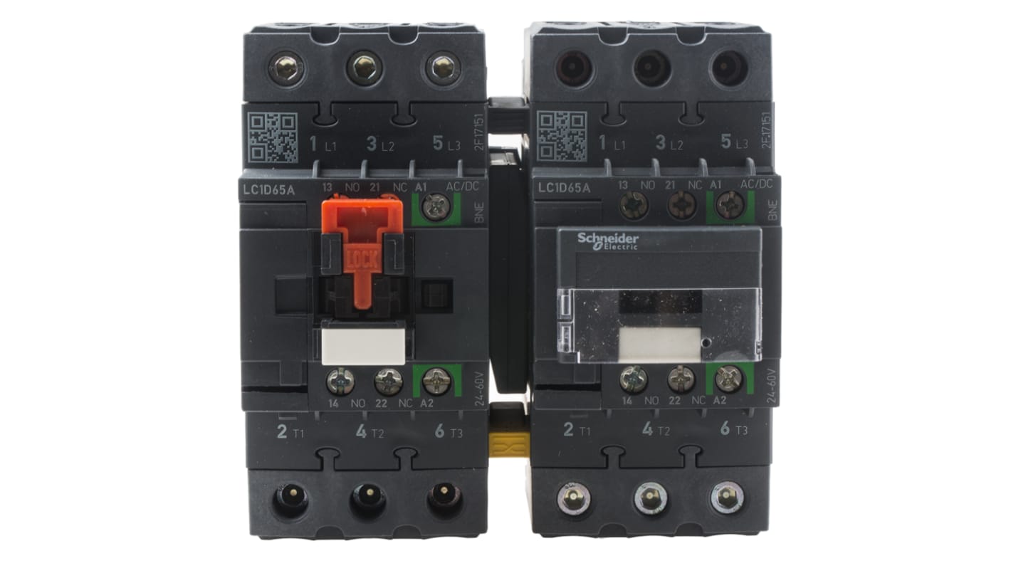 Contattore di inversione Schneider Electric LC2D65AEHE, 3 poli, 65 A, montaggio su guida DIN, grado di protezione IP20.