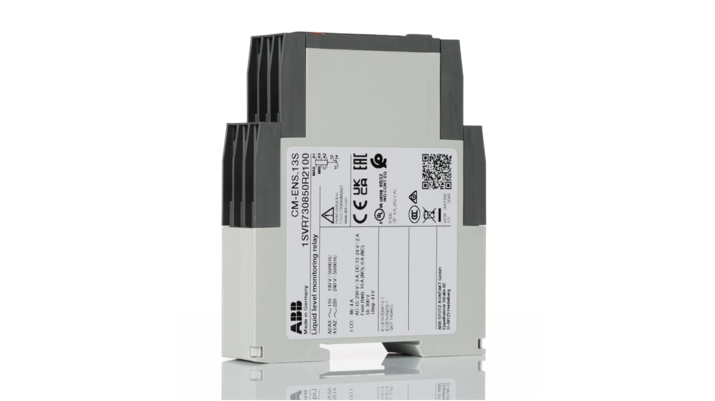 Relè di livello liquidi ABB 1SVR730850R2100, montaggio su guida DIN, alimentazione 110-240 V c.a., contatto SPDT, dimensioni 113.4 x 22.5 x 113.4 mm.