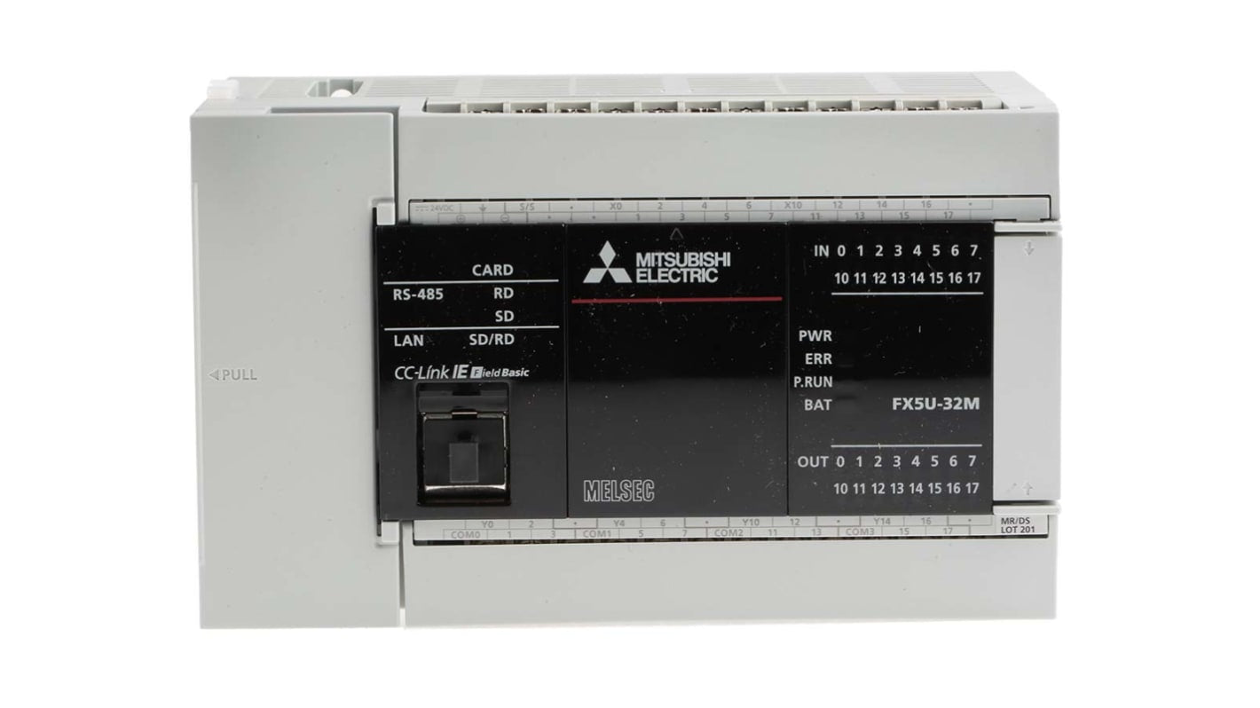 CPU PLC Mitsubishi Electric FX5U-32MR/DS, 16 I/O, alimentazione 5V/24V, dimensioni 150x90x83 mm, montaggio desktop.