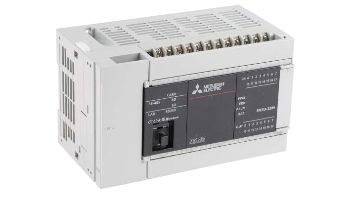 CPU PLC Mitsubishi Electric FX5U-32MR/DS, 16 I/O, alimentazione 5V/24V, dimensioni 150x90x83 mm, montaggio desktop.
