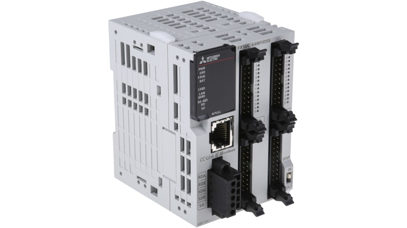 CPU PLC Mitsubishi Electric FX5UC-64MT/DSS, 32 I/O, porta Ethernet, dimensioni 62,2 x 90 x 89,1 mm, operativa da -20 a +55 gradi.