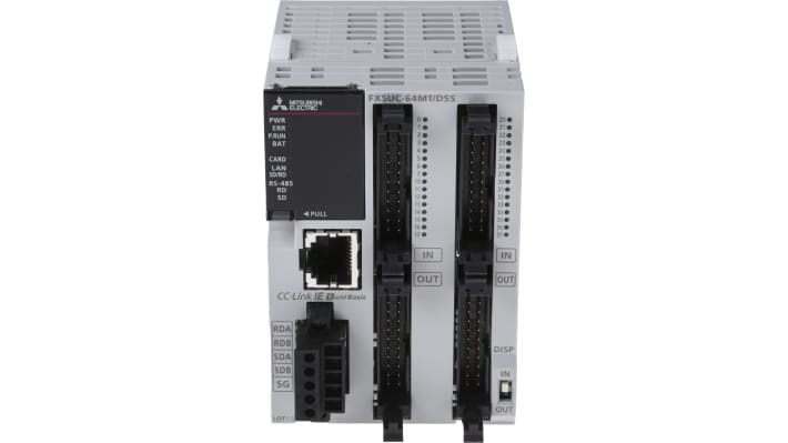 CPU PLC Mitsubishi Electric FX5UC-64MT/DSS, 32 I/O, porta Ethernet, dimensioni 62,2 x 90 x 89,1 mm, operativa da -20 a +55 gradi.