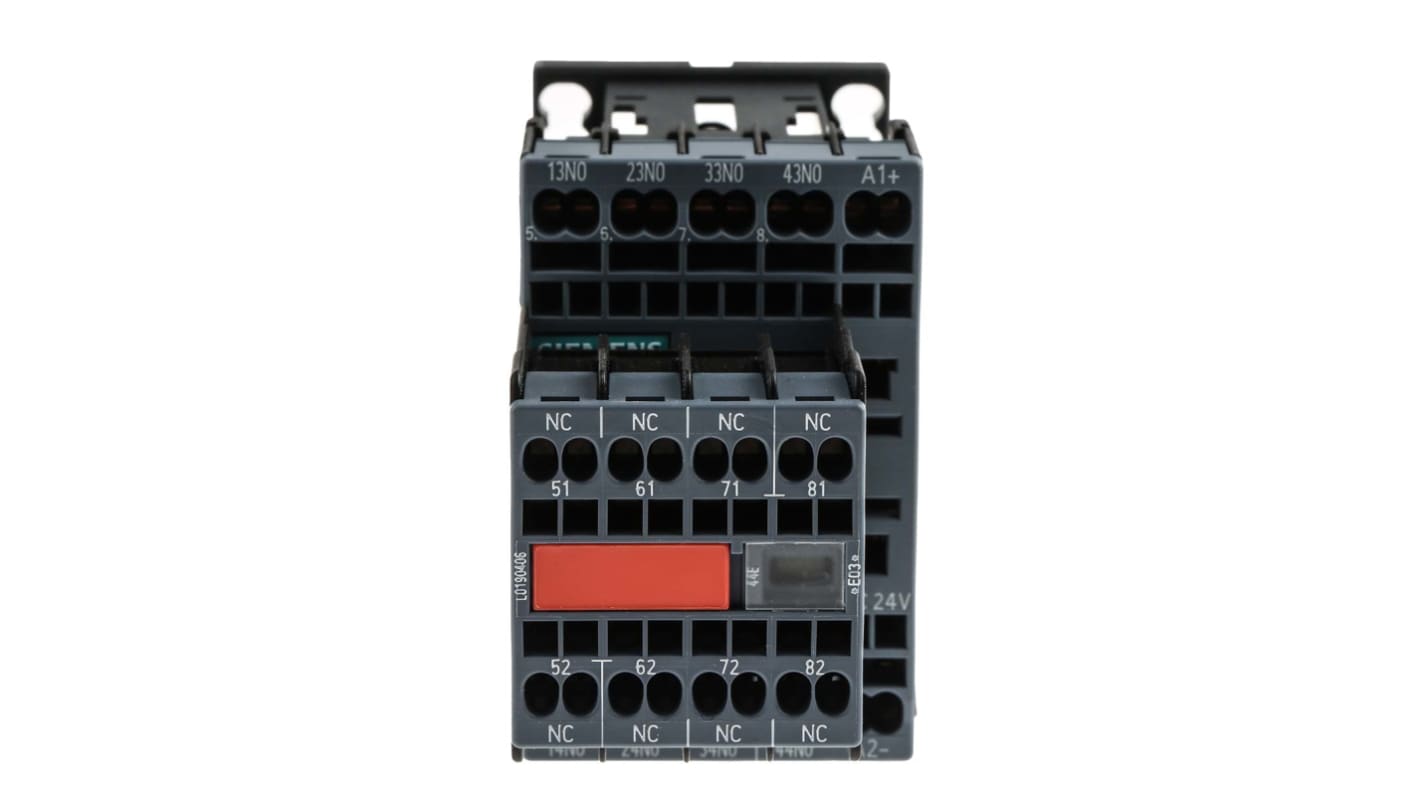 Contattore Siemens 3RH2244-2BB40, 4NO + 4NC, corrente 10 A, tensione 24 V cc, montaggio su guida DIN, dimensioni 45 x 120.7 x 69.5 mm.
