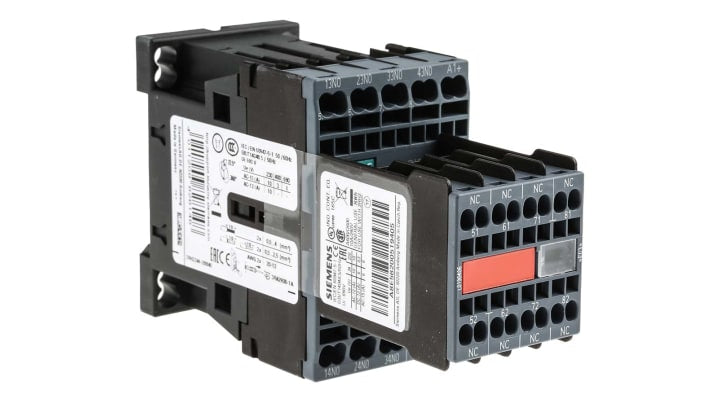 Contattore Siemens 3RH2244-2BB40, 4NO + 4NC, corrente 10 A, tensione 24 V cc, montaggio su guida DIN, dimensioni 45 x 120.7 x 69.5 mm.