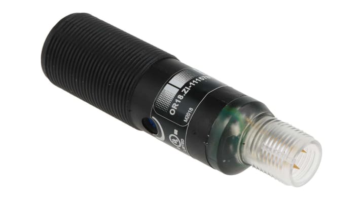 Sensore fotoelettrico cilindrico Baumer OR18.ZI-PW1P.71O/B005, rilevamento fino a 800 mm, uscita PNP, IP67, temperatura -25/+55 °C.
