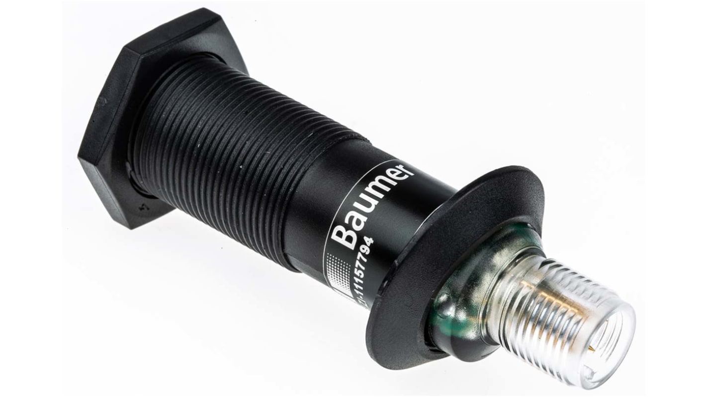 Sensore fotoelettrico cilindrico Baumer OR18.ZI-PW1P.71O/B013, rilevamento fino a 300 mm, uscita PNP, IP67.