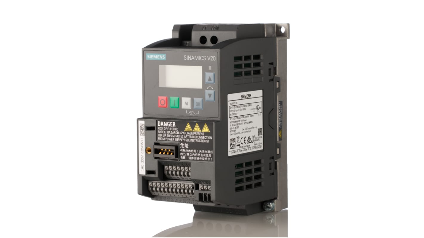 Inverter monofase Siemens 6SL3210-5BB12-5UV1, 0,25 kW, 230 V, montaggio a parete, dimensioni 142 x 68 x 108 mm.