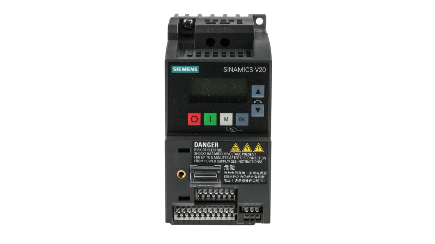 Inverter Siemens 6SL3210-5BB13-7UV1, 0,37 kW, 230 V c.a., 1 fase, 0-550Hz. Efficiente controllo motori per pompe e ventilatori. IP20, Modbus.