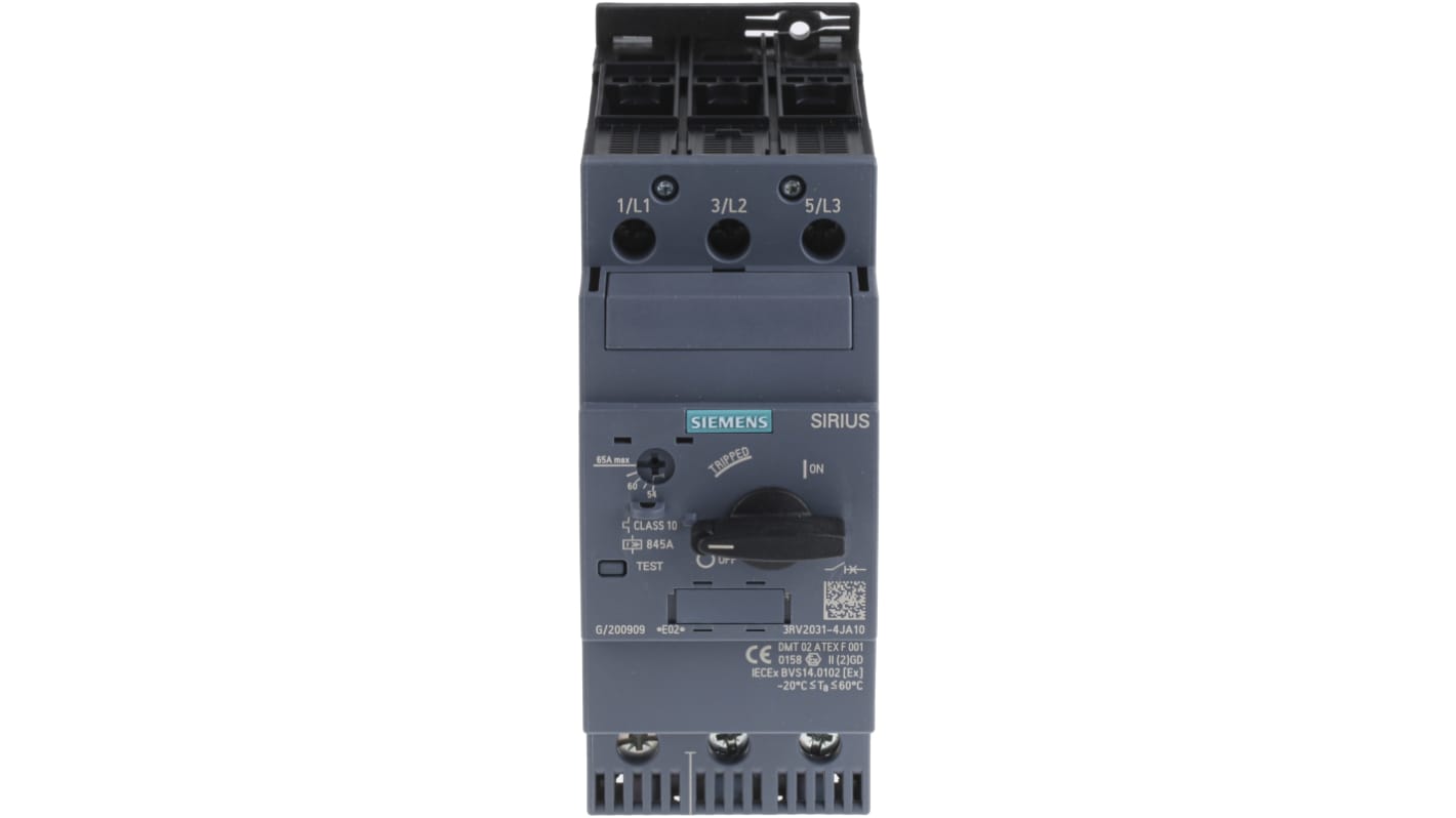 Interruttore automatico Siemens 3RV2031-4JA10, 54-65 A, 3 poli, montaggio su guida DIN, dimensioni 140 x 55 x 149 mm.