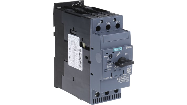 Interruttore automatico Siemens 3RV2031-4JA10, 54-65 A, 3 poli, montaggio su guida DIN, dimensioni 140 x 55 x 149 mm.