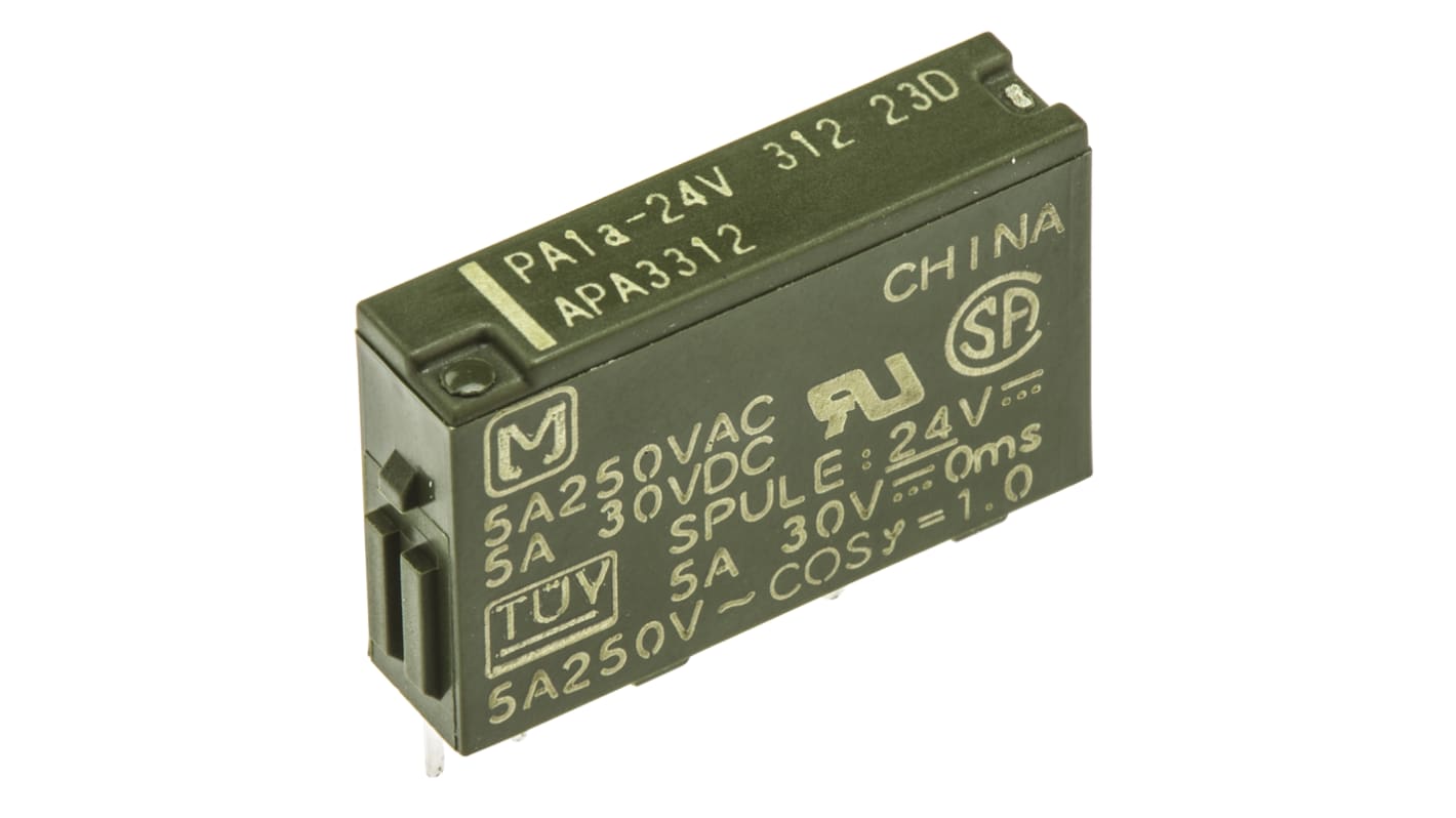 Relè monostabile SPST Panasonic PA1A24, 24V cc, montaggio su PCB, dimensioni 12,8 x 5 x 21 mm, corrente 5A.