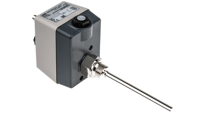 Termostato capillare Jumo, configurazione NO/NC, portata 10A, tensione 230V, montaggio superficiale, temperatura 0-100°C.