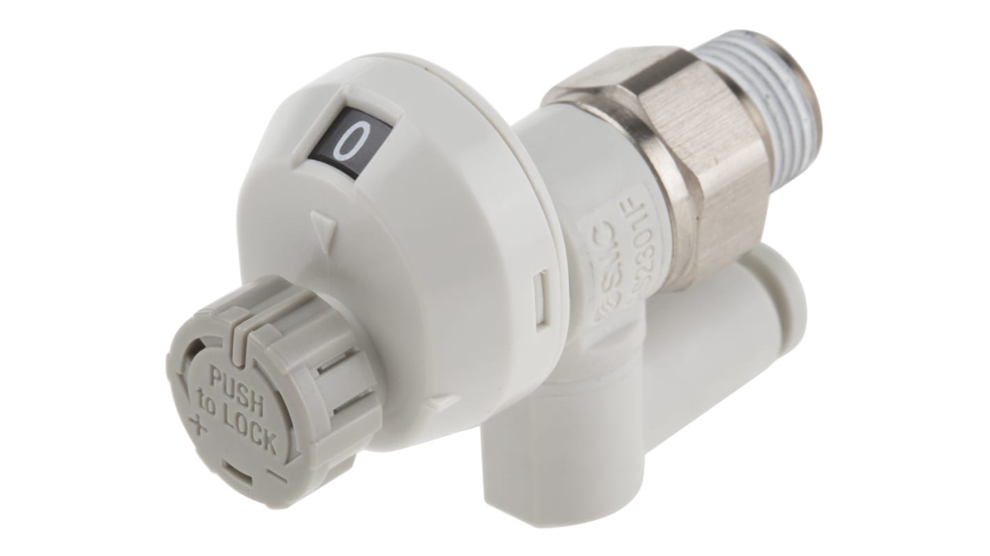 Regolatore di flusso SMC AS2301FS1-01-04S, montaggio a pannello, flusso massimo 180 L/min, temperatura operativa -5/+60 °C.