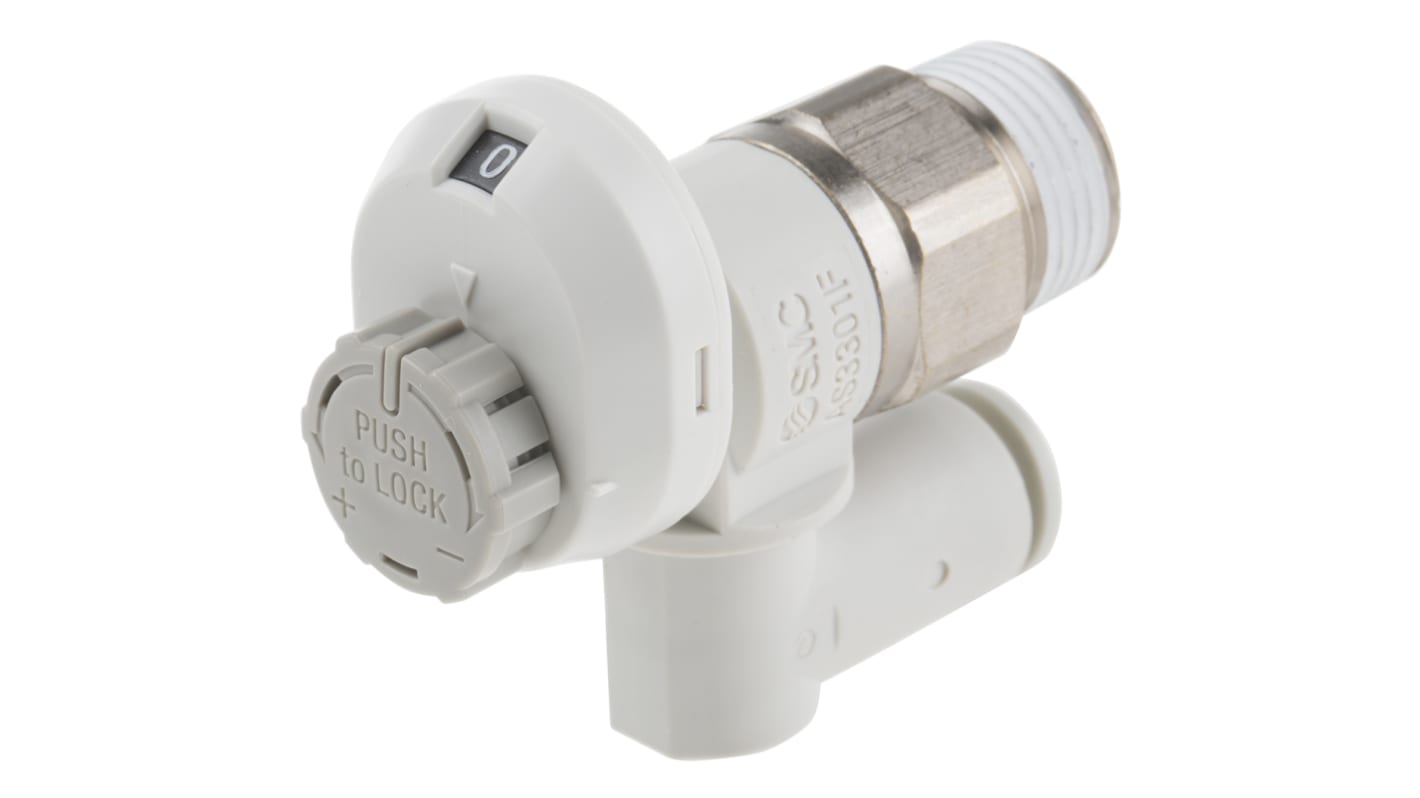 Regolatore di flusso SMC AS3301FS1-03-08S, montaggio a pannello, flusso massimo 790 L/min, diametro tubo 8 mm.