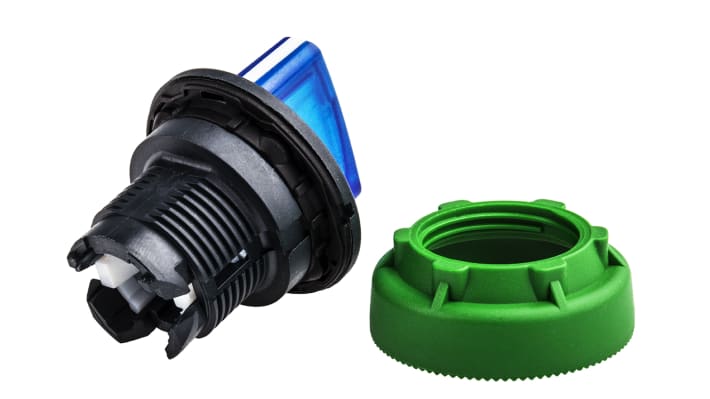 Selettore Harmony XB5 di Schneider Electric, 3 posizioni, montaggio a filo, diametro 30 mm, impugnatura blu, grado di protezione IP66/IP67/IP69K.