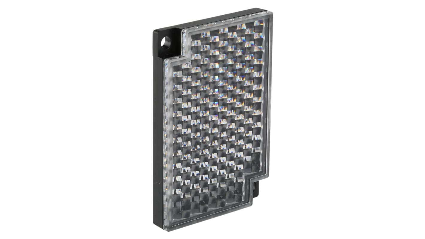 Riflettore Omron E39R1 per sensori E3S-CR67/62, ottica a lente singola, rilevamento fino a 1 metro, dimensioni 75x20,4x23 mm.