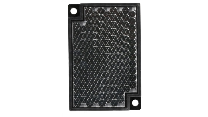 Riflettore Omron E39R1 per sensori E3S-CR67/62, ottica a lente singola, rilevamento fino a 1 metro, dimensioni 75x20,4x23 mm.