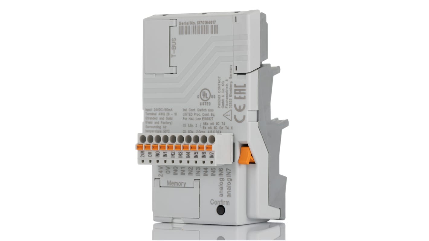 Phoenix Contact 2907446, controller PLC-V8C, 16 I/O, 24 V c.c., montaggio a innesto, dimensioni 50 x 48,5 x 82,5 mm.