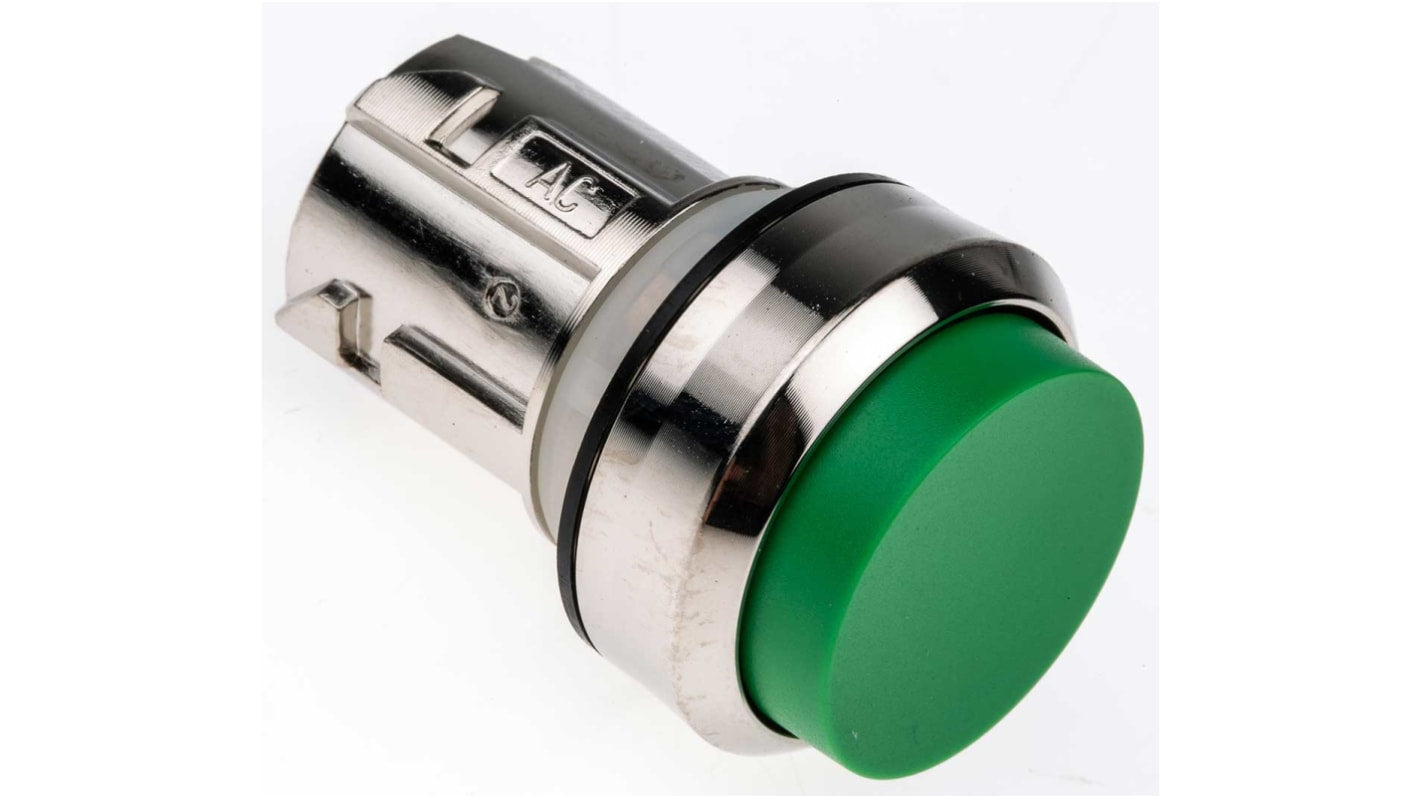 Pulsante instabile Siemens SIRIUS ACT, diametro 22 mm, verde lucido, attuazione momentanea, corpo plastico, anello metallico.