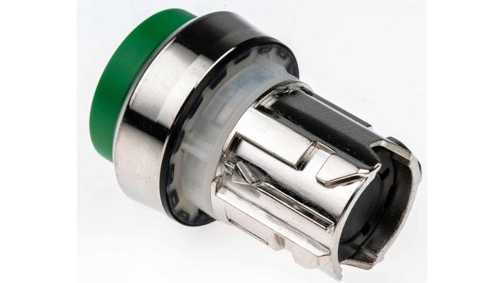 Pulsante instabile Siemens SIRIUS ACT, diametro 22 mm, verde lucido, attuazione momentanea, corpo plastico, anello metallico.