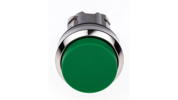 Pulsante instabile Siemens SIRIUS ACT, diametro 22 mm, verde lucido, attuazione momentanea, corpo plastico, anello metallico.