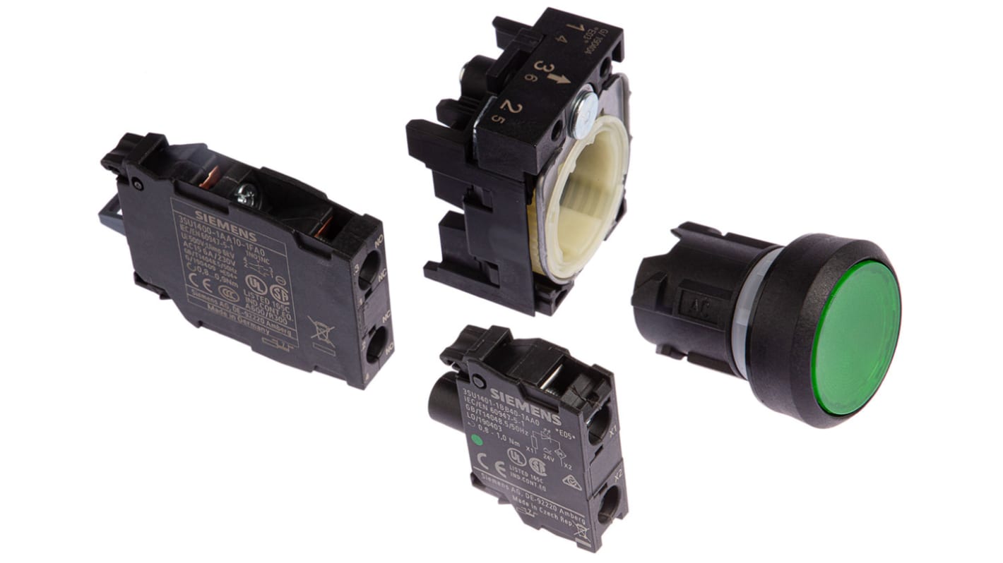 Pulsante Siemens SPDT luminoso, montaggio a pannello, diametro 22 mm, corpo verde, contatti 1-NO/1-NC, IP66.