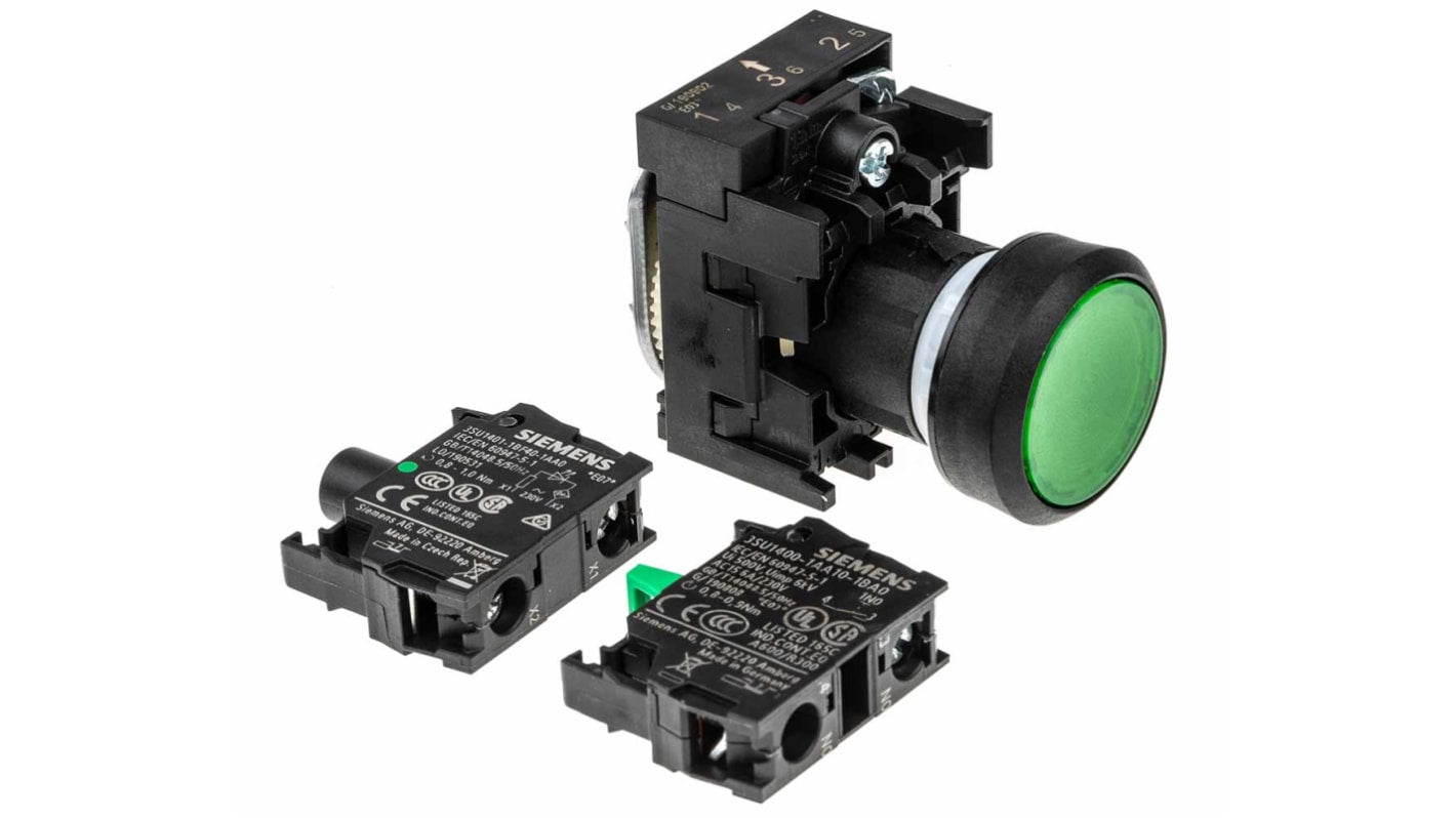 Pulsante luminoso Siemens SPST, montaggio a pannello, diametro 22 mm, corpo verde, contatto unipolare, grado di protezione IP67.