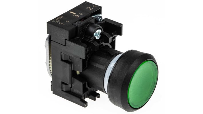 Pulsante luminoso Siemens SPST, montaggio a pannello, diametro 22 mm, corpo verde, contatto unipolare, grado di protezione IP67.