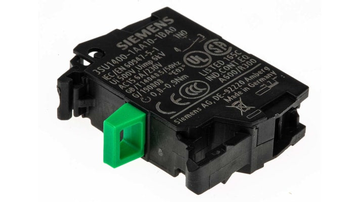 Pulsante luminoso Siemens SPST, montaggio a pannello, diametro 22 mm, corpo verde, contatto unipolare, grado di protezione IP67.