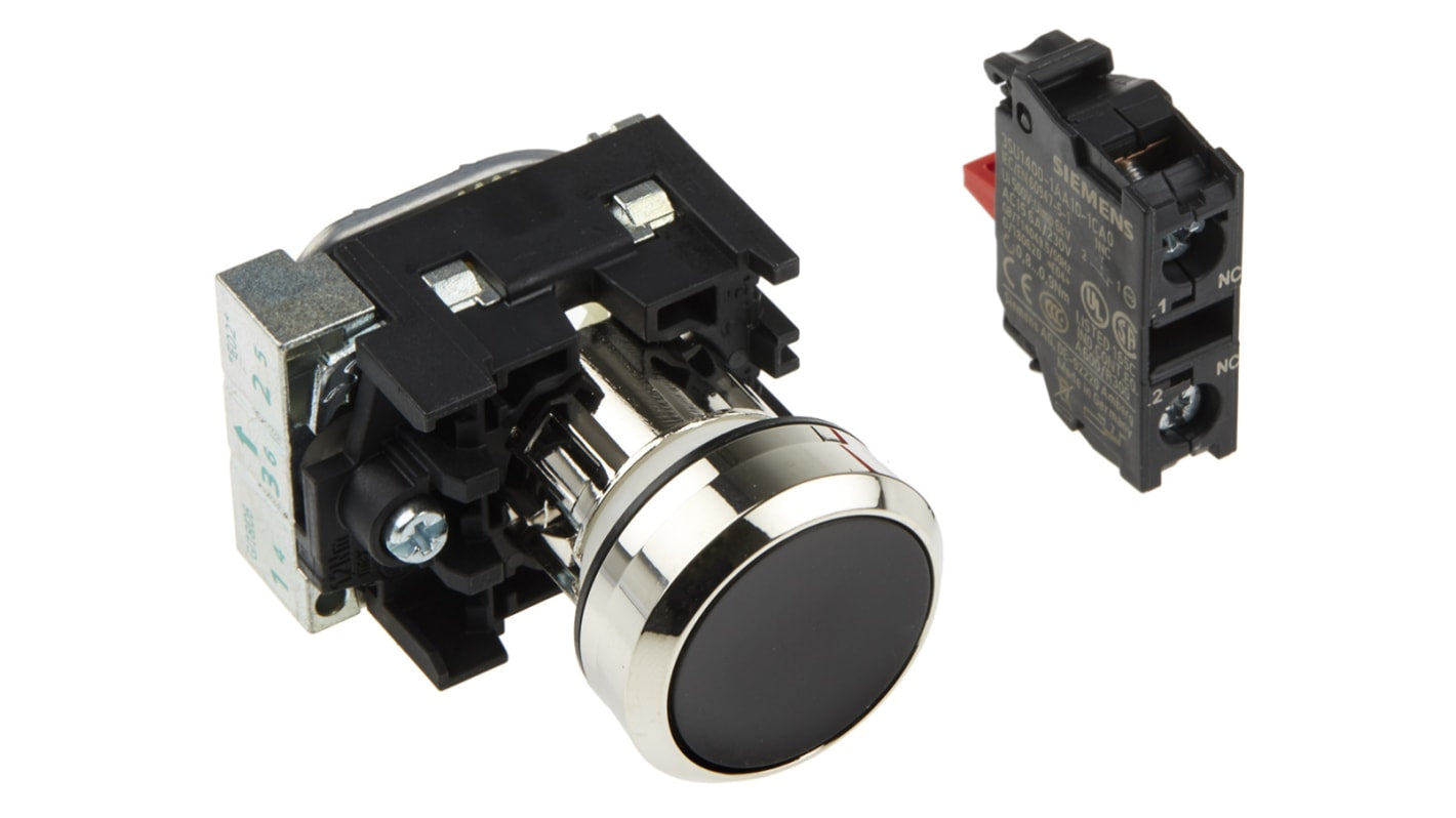 Pulsante Siemens SPST montaggio a pannello, diametro 22 mm, corpo plastico nero, contatto 1-NC, grado di protezione IP66.