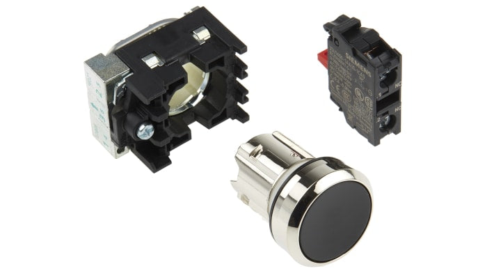Pulsante Siemens SPST montaggio a pannello, diametro 22 mm, corpo plastico nero, contatto 1-NC, grado di protezione IP66.