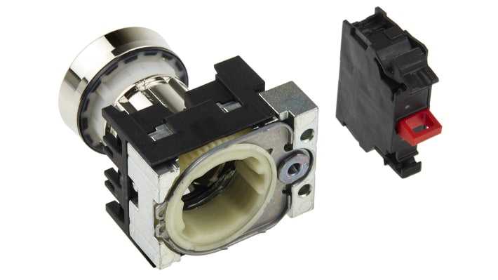 Pulsante Siemens SPST montaggio a pannello, diametro 22 mm, corpo plastico nero, contatto 1-NC, grado di protezione IP66.